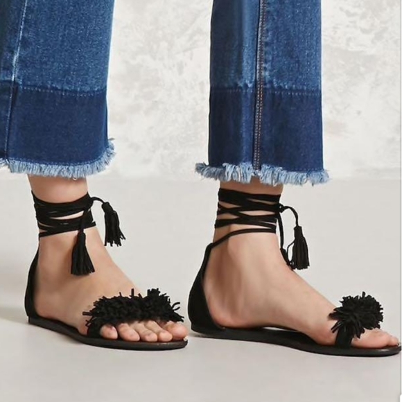 Forever 21 Black Sandals Lace up with fringe blak